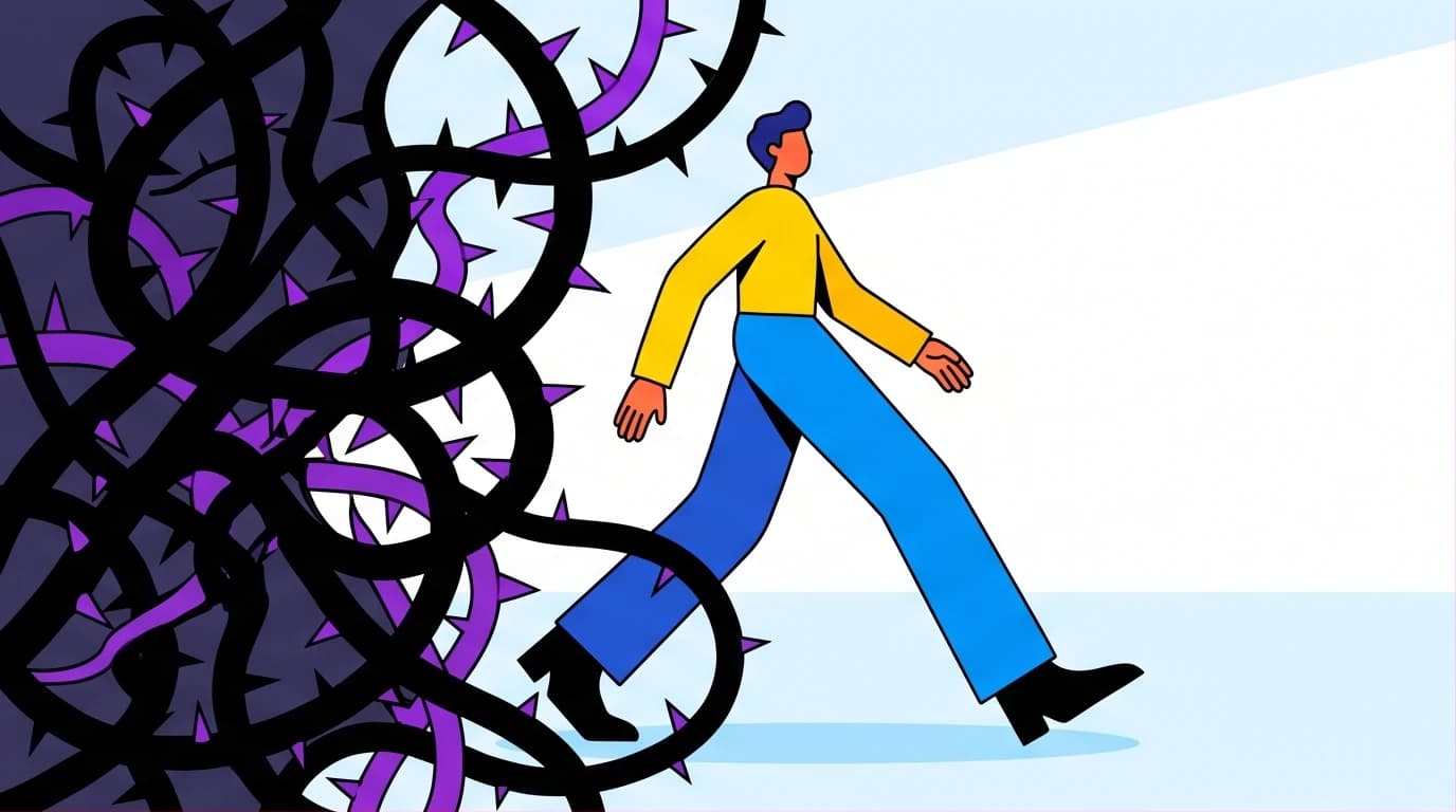 Illustration of a person breaking free from a chaotic past, symbolizing the start of healing from childhood trauma and emotional neglect.
