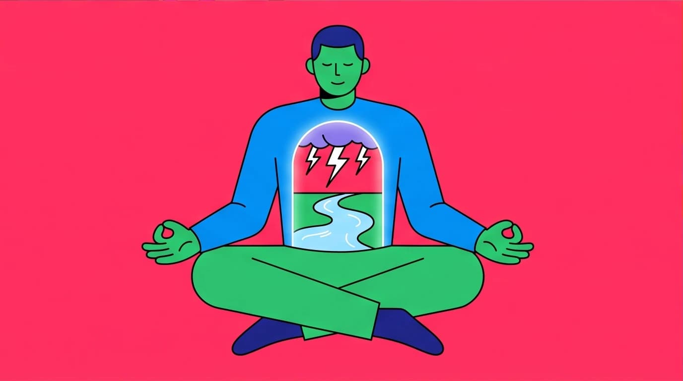 An illustration showing a person calming their internal nervous system, a crucial technique for managing childhood trauma triggers.