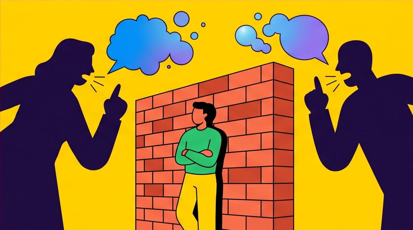 A person setting a firm boundary wall against toxic family members, an essential action for survivors of childhood trauma.