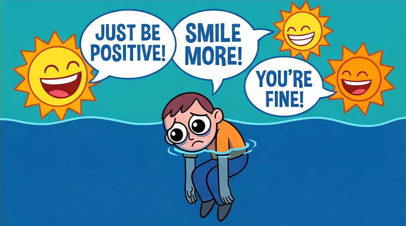 An illustration depicting the concept of toxic positivity, where a person's sadness is ignored, highlighting the need for genuine emotional validation.
