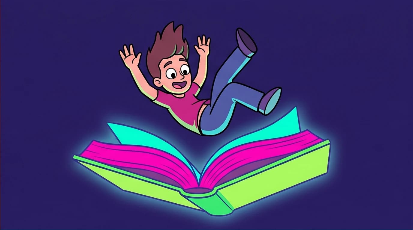 An illustration of a large book acting as a safety net to catch a falling person, symbolizing how reading can support you during a mental health crisis.