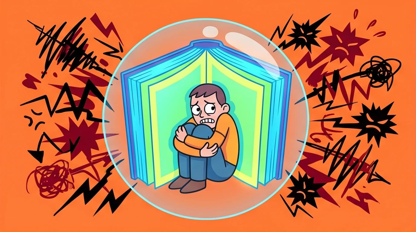 A person finds a safe haven inside a giant healing psychology book, protected from the chaos of stress and anxiety. A guide to reading for comfort.