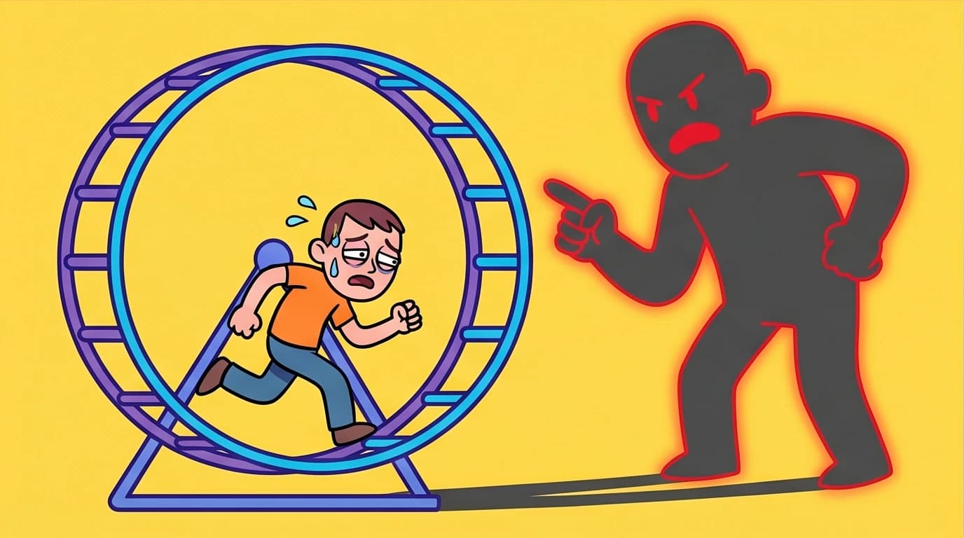 A person trapped in a cycle of over-effort and self-criticism, concepts discussed in healing psychology books on burnout and perfectionism.