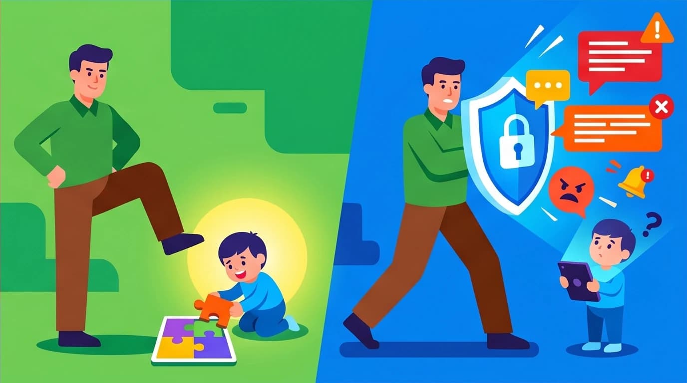 An illustration showing the solution for helicopter parents: stepping back in the real world to foster independence, and stepping forward to protect kids from digital harm.