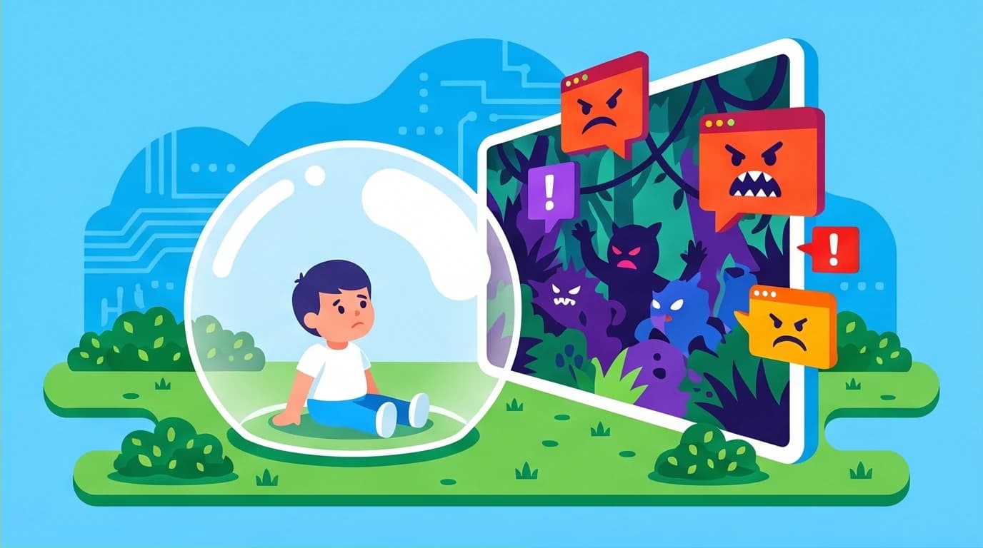An image visualizing the dual failure of modern parenting: a child in a sterile real-world bubble but completely exposed to the dangers of the online digital jungle.