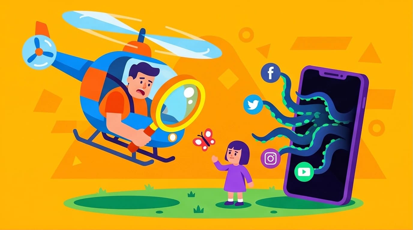A conceptual illustration of helicopter parents, showing a parent focused on a minor physical risk while ignoring the major dangers of the digital world for their child.