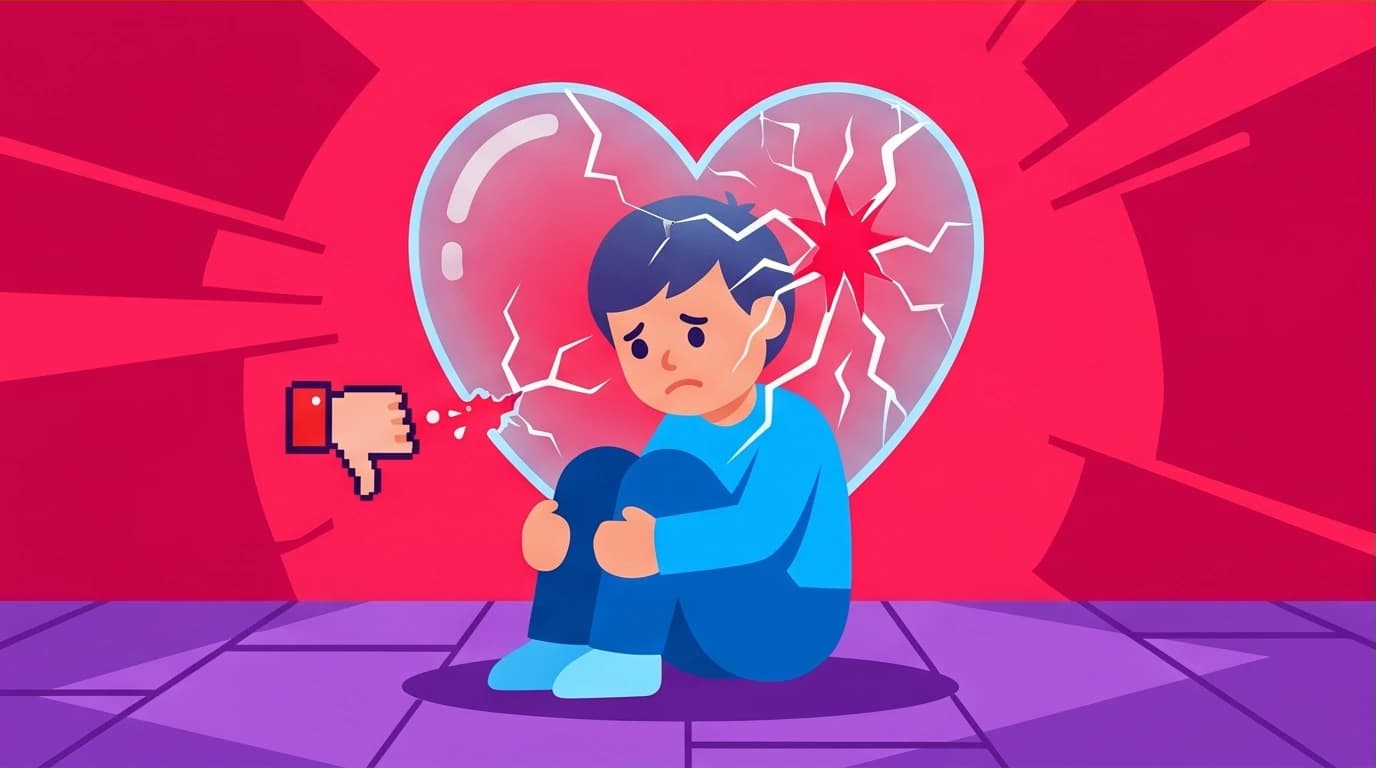 A depiction of the 'glass-heart generation' where a child's fragile heart cracks from minor online negativity, symbolizing a lack of psychological resilience from overprotection.