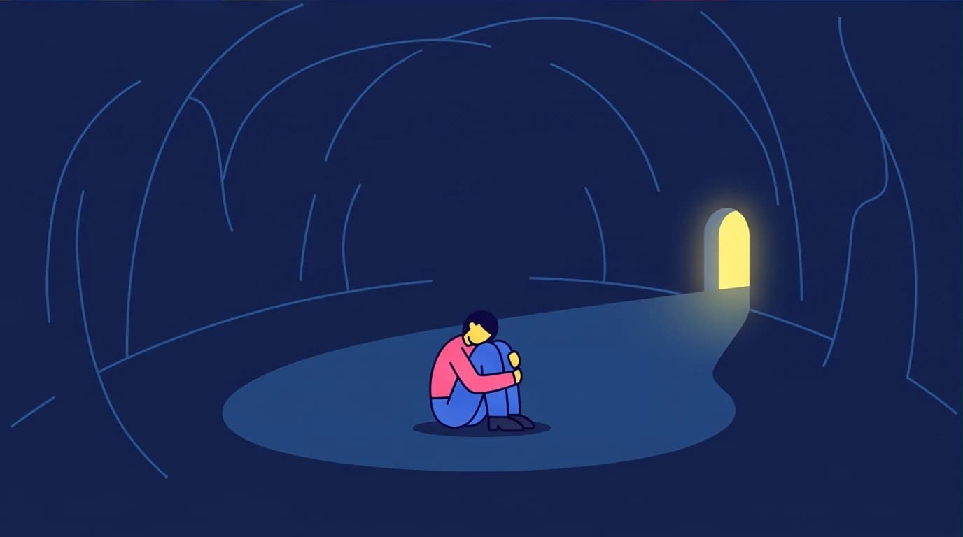 A person in the 'belly of the whale,' a dark space symbolizing the lowest point of the Hero's Journey before starting to overcome adversity.