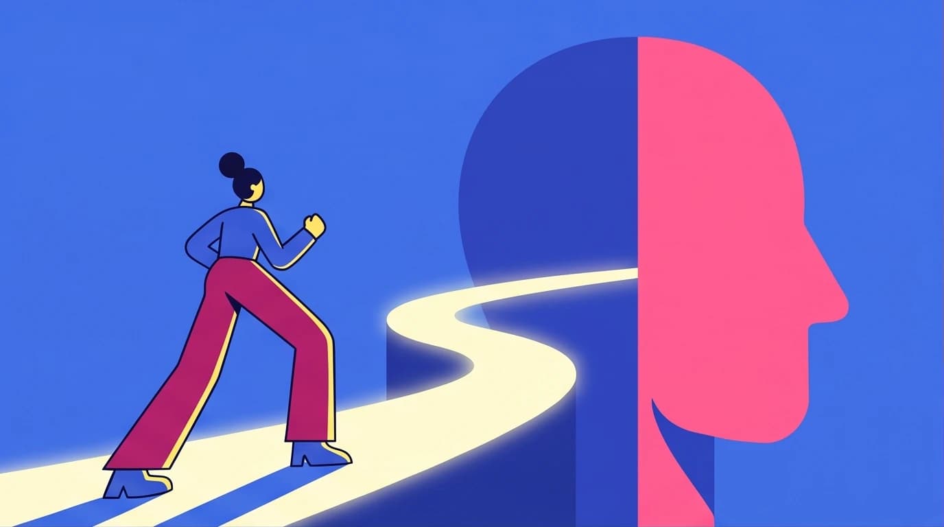 An illustration of a person beginning the Hero's Journey, a psychological path to self-transformation and overcoming life's low points.