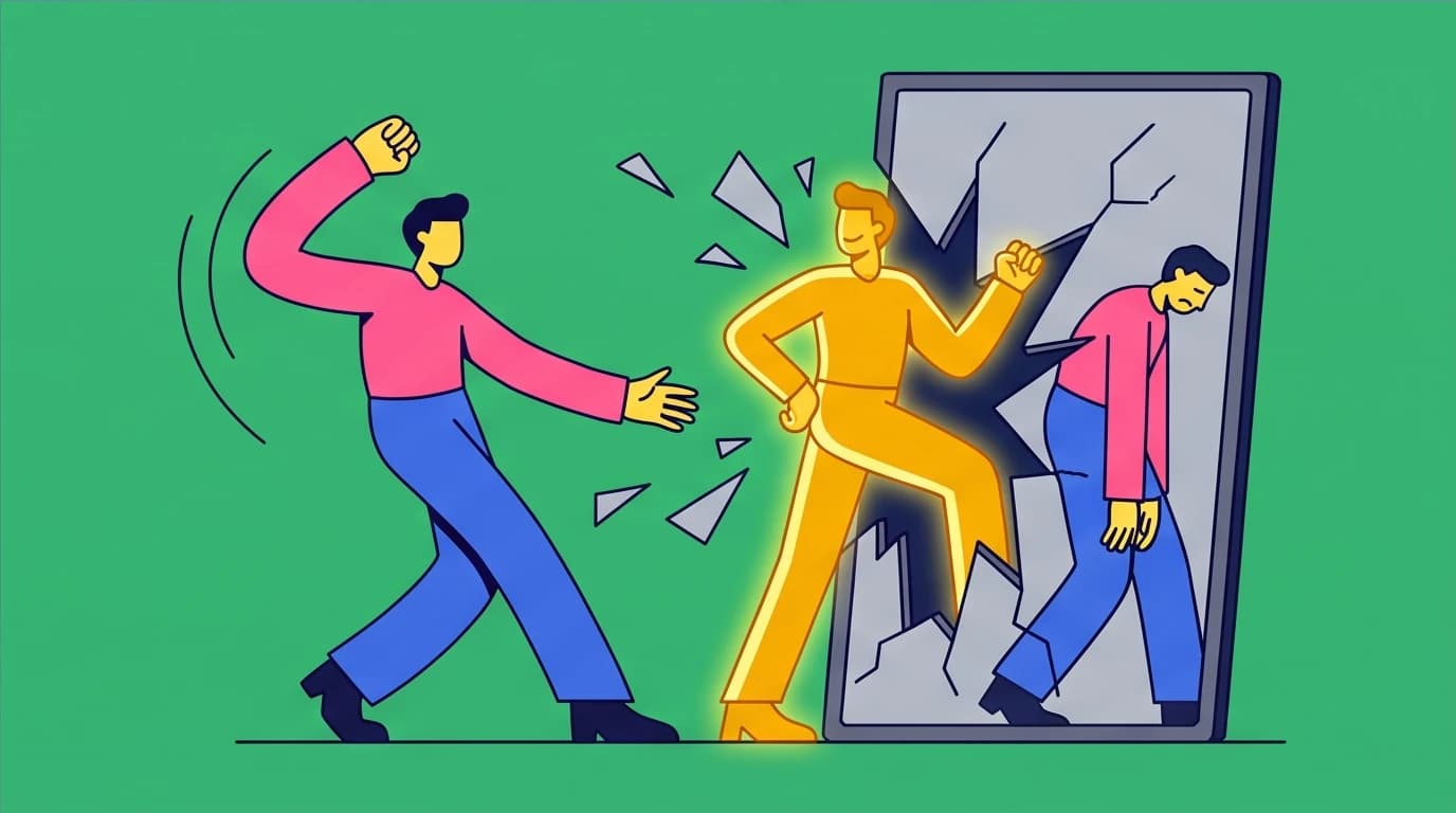 A character breaks a mirror to transform from a victim into a hero, a key mindset shift to overcome low points in life.