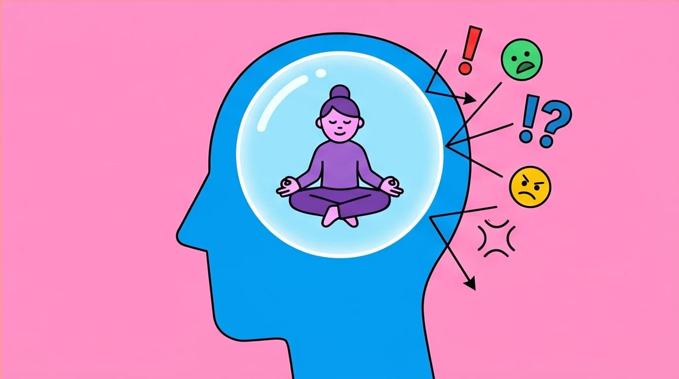 Concept of an emotional buffer zone for high EQ, showing a calm person inside a protective bubble in their mind, safe from outside stress.