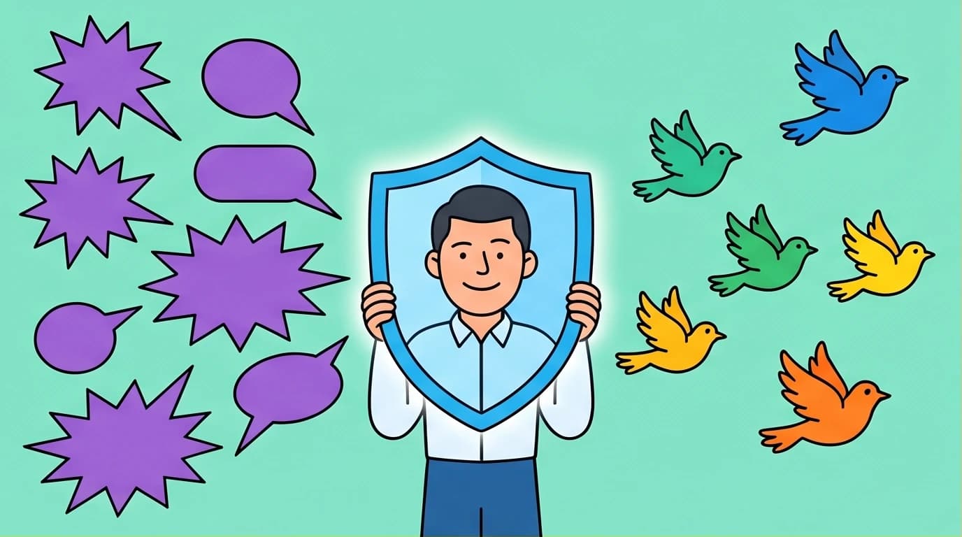 A person using a shield of high EQ humor to deflect aggressive questions and defuse conflict, turning sharp words into harmless birds.