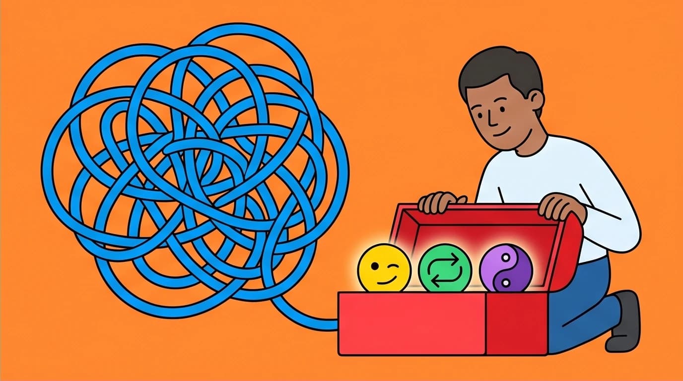 Illustration of a communication skills toolbox with icons for witty response formulas, ready to solve awkward conversational situations.