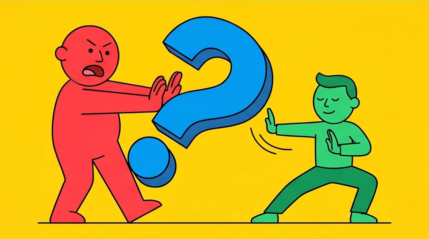 A visual metaphor for redirecting a question using high EQ humor, showing a character deflecting a giant question mark with a Tai Chi move.