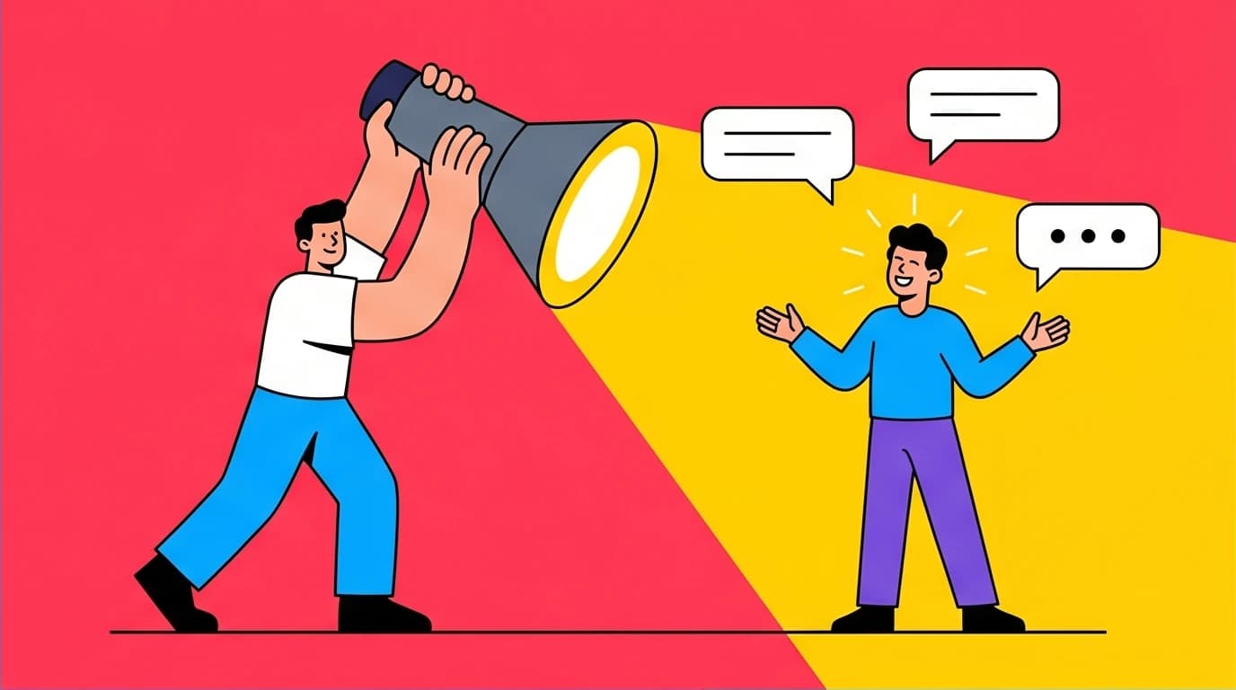 A character puts a spotlight on someone else, symbolizing the core of high EQ speaking skills: focusing on others in conversation.