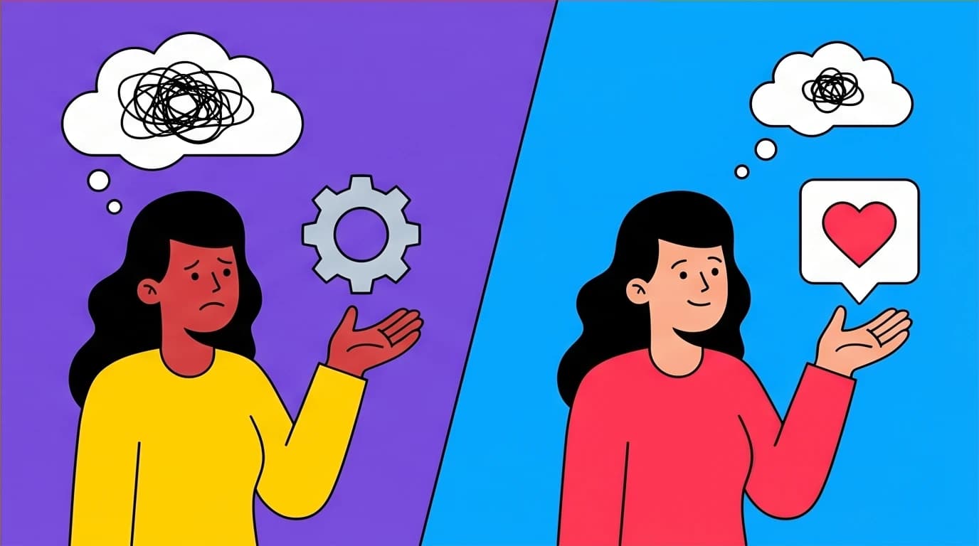 The art of speaking illustrated by offering empathy (a heart) instead of solutions (a gear), a crucial high EQ speaking technique.