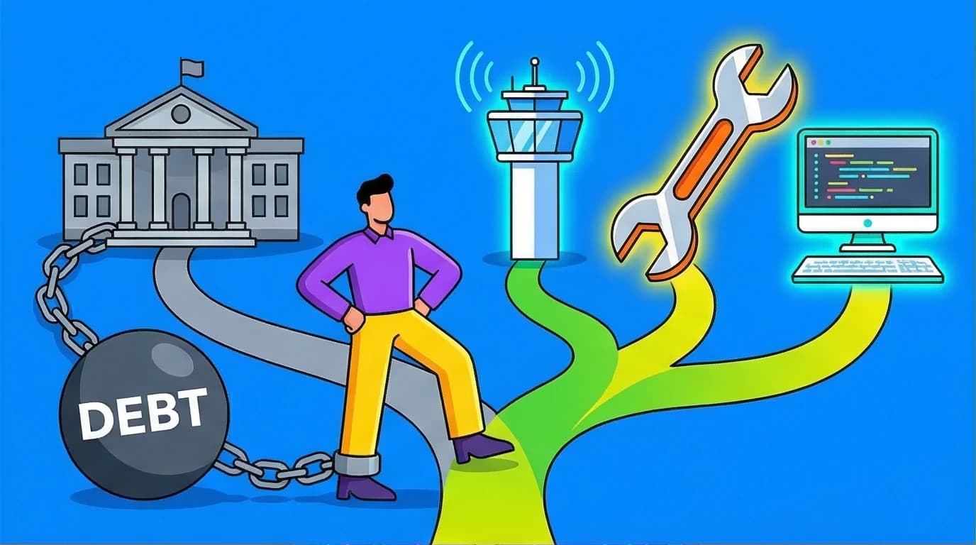 A person choosing a path to high-paying jobs without a degree, avoiding the student debt symbolized by a university and ball-and-chain.