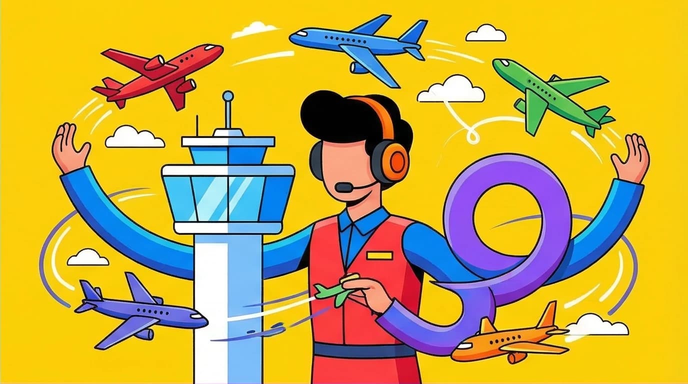 An air traffic controller in the Corporate Memphis style calmly juggling airplanes, representing high-stakes, high-paying jobs without a degree.
