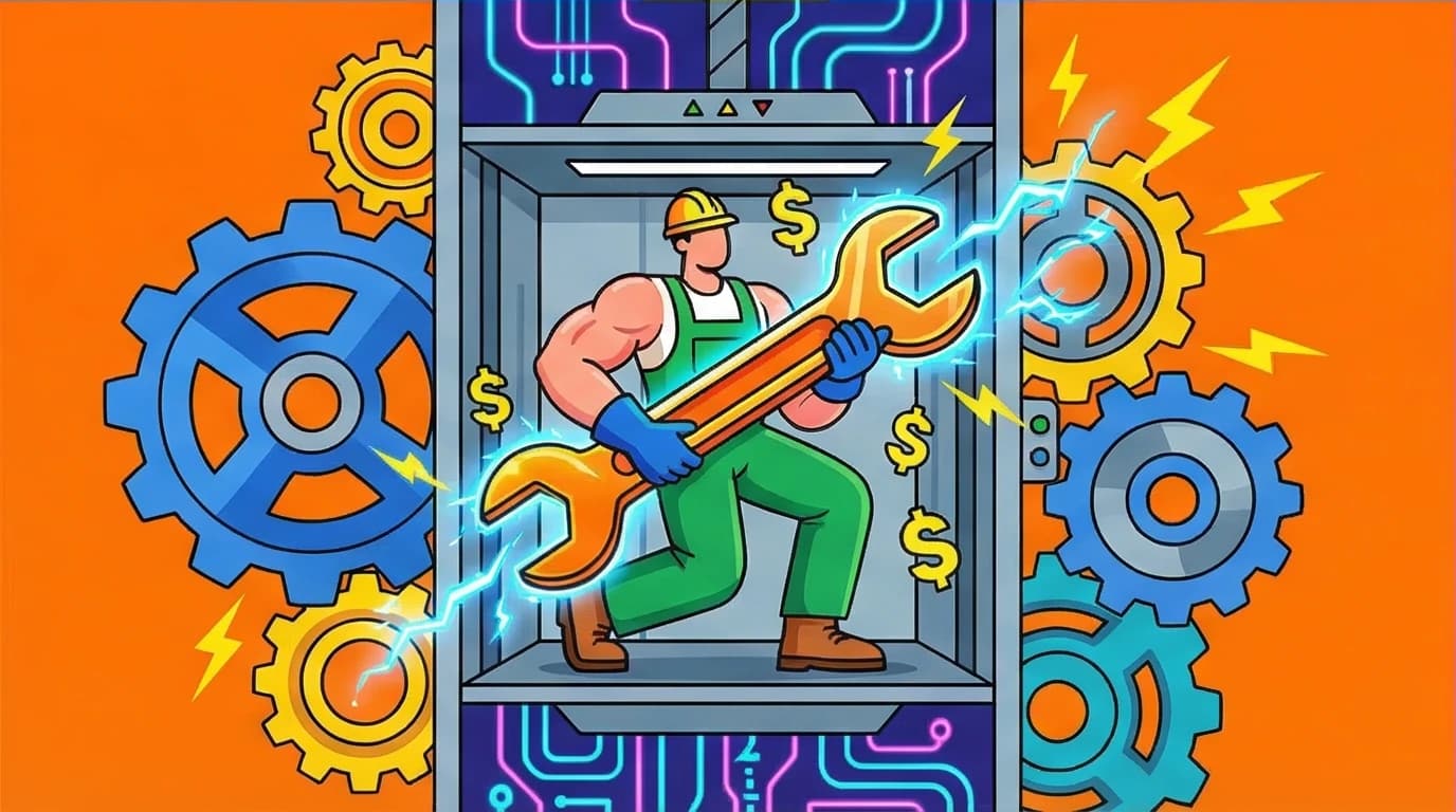 An elevator installer, a high-paying trade job, working with a giant wrench inside a complex shaft, illustrating hands-on wealth without a degree.