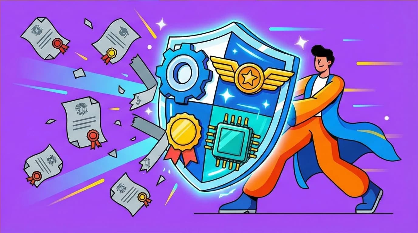 A person uses a shield of certifications to show job competency, a key strategy for landing high-paying jobs without a traditional degree.