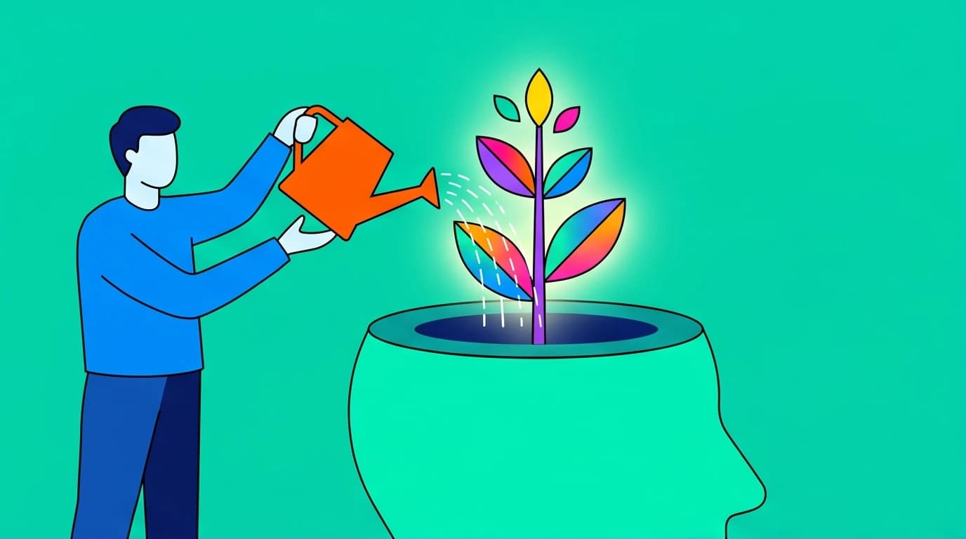 An illustration in the Corporate Memphis style showing bell hooks' definition of love as an action, with a person nurturing another's spiritual growth.