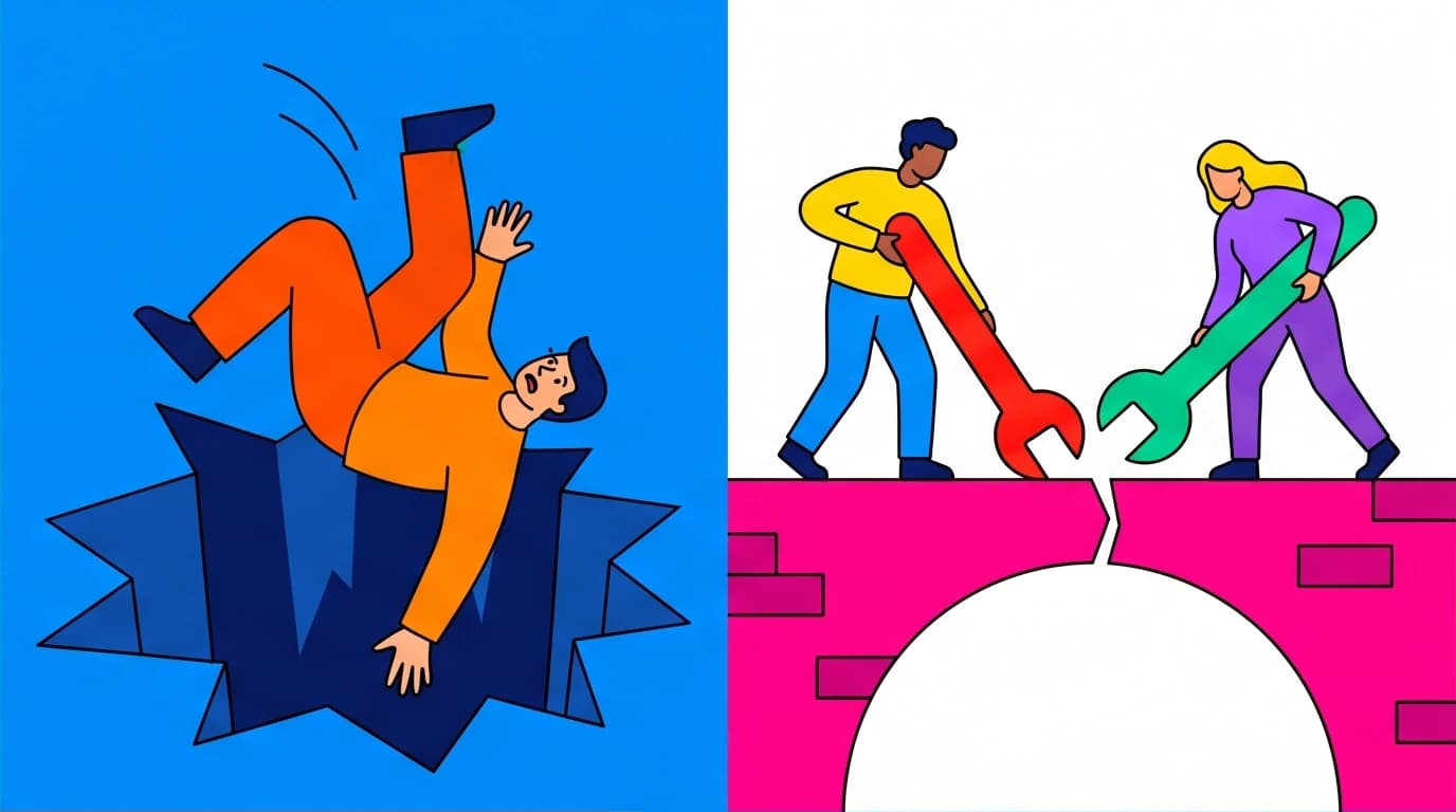 A visual comparison of bell hooks' concept of love: actively building a relationship versus passively falling into a pit, showing love as a verb.