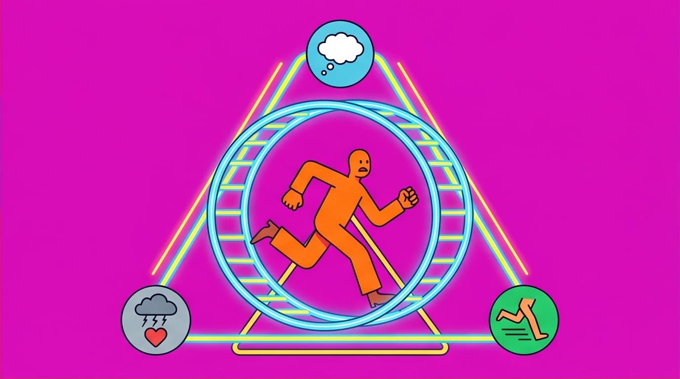 A character trapped in a triangle of thoughts, feelings, and behaviors, illustrating the self-reinforcing anxiety cycle that CBT helps to break.