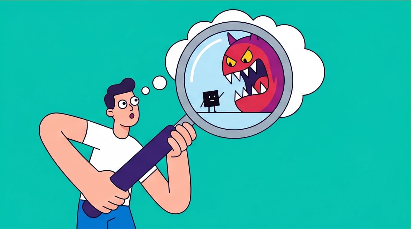 A person using a magnifying glass to see how cognitive distortions warp reality, a key concept in understanding how CBT works for anxiety.