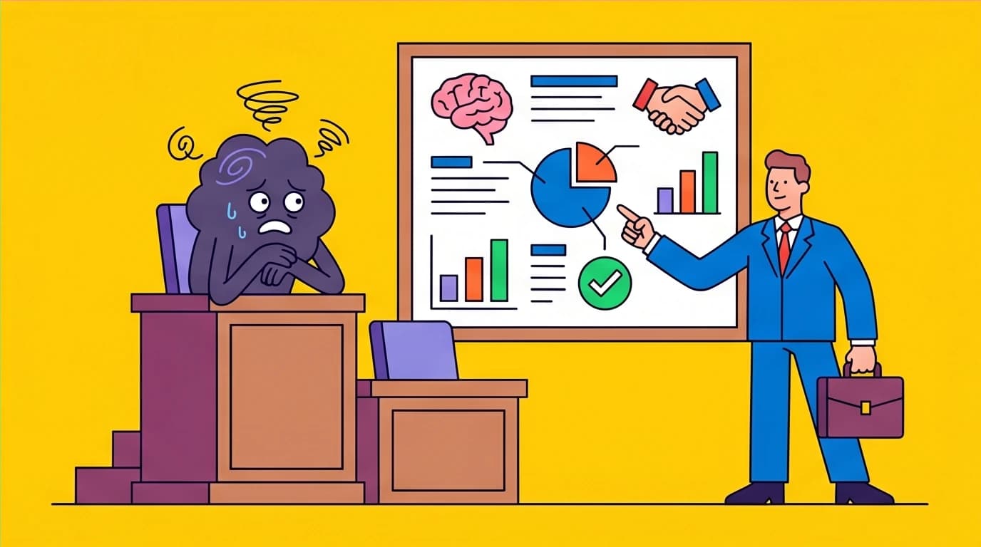 An illustration of putting an anxious thought on trial, showing the cognitive restructuring method used in CBT to challenge and manage anxiety.