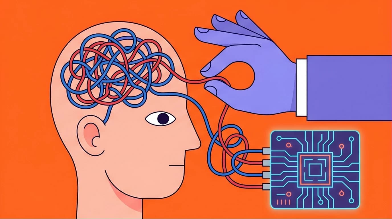 Illustration of a brain being rewired with organized cables, representing how Cognitive Behavioral Therapy (CBT) works for anxiety by changing thought patterns.