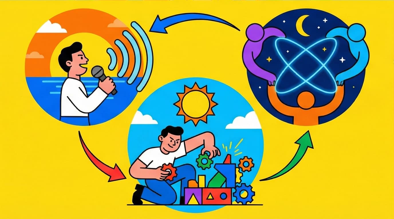 A circular diagram showing the Think and Grow Rich daily routine: morning autosuggestion, midday action, and evening mastermind.