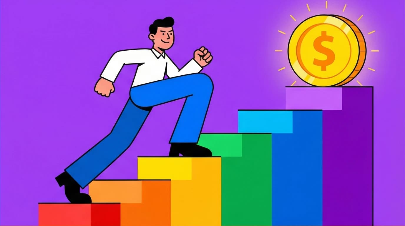 A character climbing a six-step staircase to a financial goal, visualizing the core six steps from Napoleon Hill's Think and Grow Rich.
