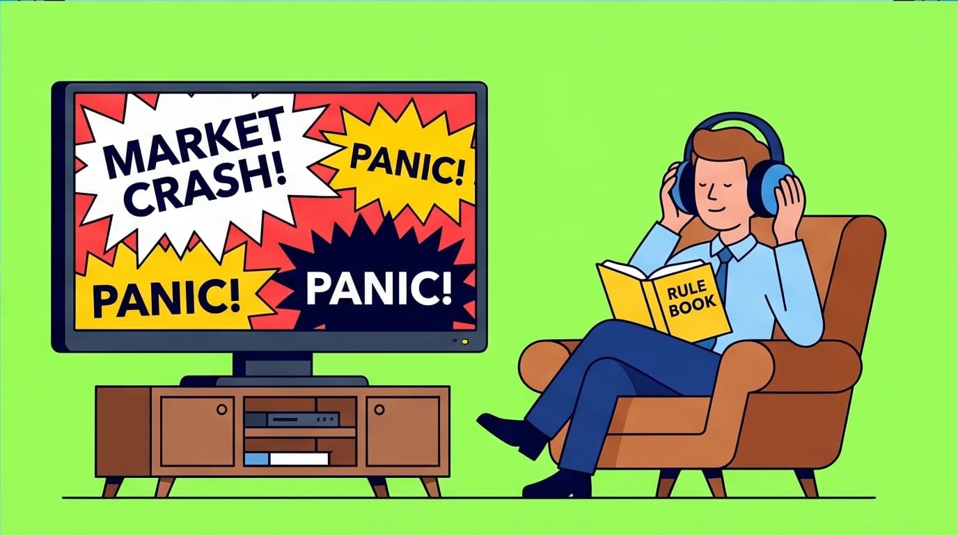 An investor ignores chaotic financial news, illustrating a defense against the availability heuristic to apply Thinking Fast and Slow investing principles.