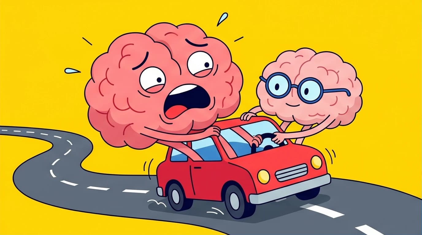 An illustration of an emotional brain (System 1) driving recklessly while an analytical brain (System 2) takes control, visualizing the core principle of Thinking Fast and Slow for business decision making.