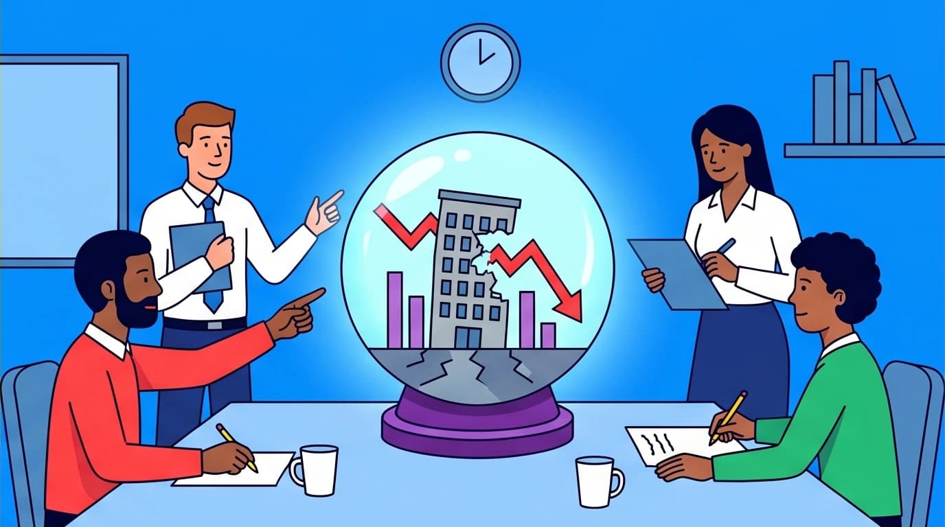A business team uses a pre-mortem protocol, analyzing a potential failure in a crystal ball to improve decision making, a key strategy from Daniel Kahneman's work.