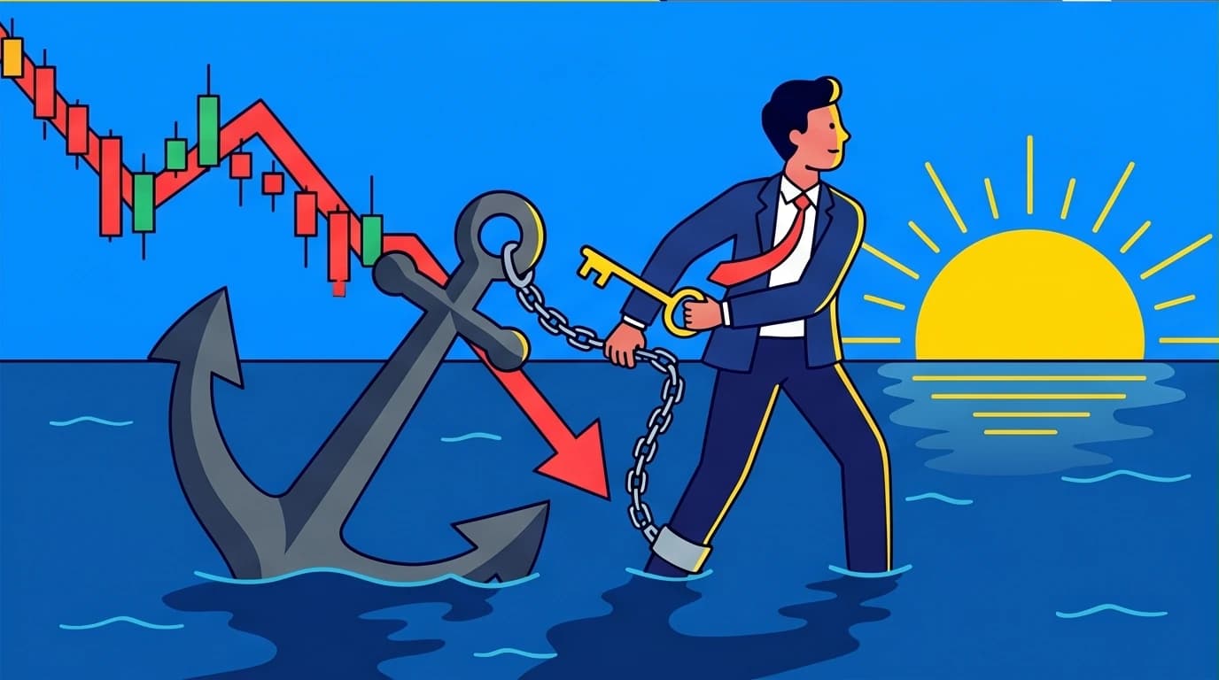 An investor breaks free from a sinking anchor representing the sunk cost fallacy, a cognitive bias to overcome for successful Thinking Fast and Slow investing.