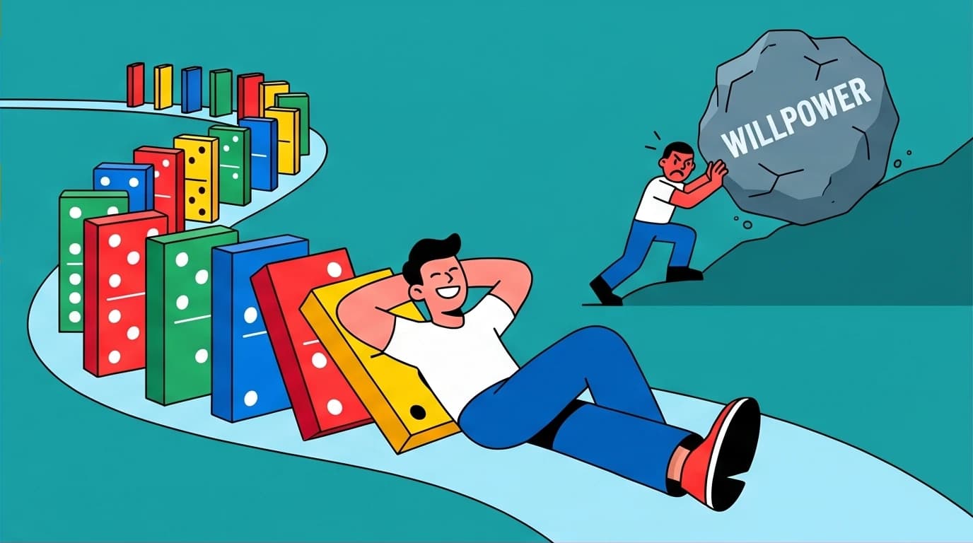 Illustration showing that environment design, like falling dominoes, is more effective than willpower for a successful morning routine.
