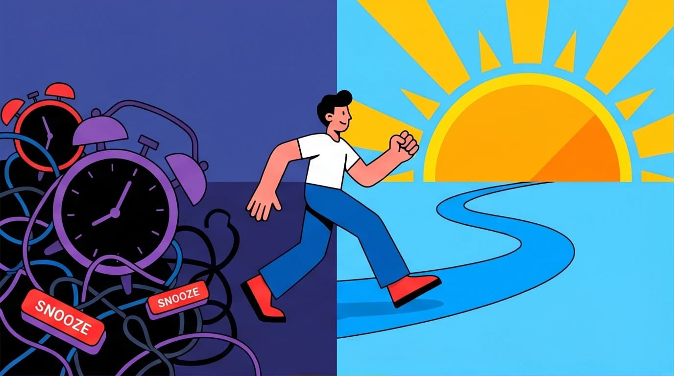 An illustration of a person stepping from morning chaos into a structured day, ready to build a successful morning routine.