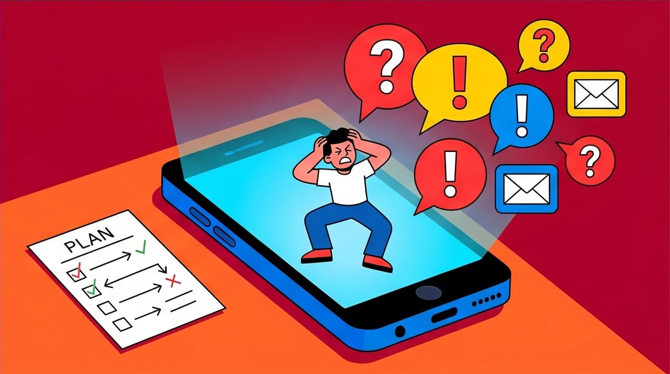 Illustration of the smartphone trap, where a person is overwhelmed by notifications, a common pitfall in a morning routine for success.