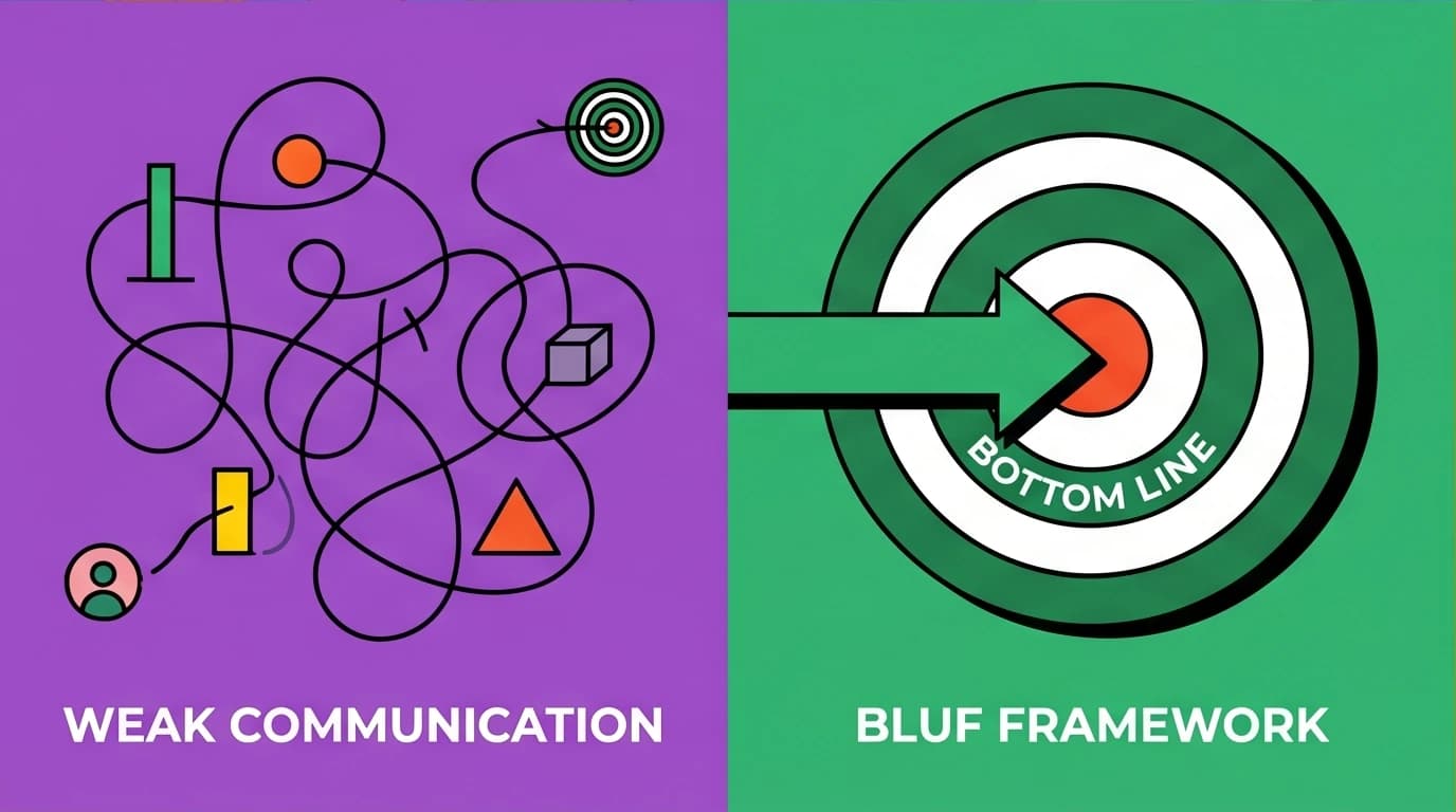 A split-screen showing tangled communication versus the clear, direct BLUF framework, a key leadership communication skill for building credibility.