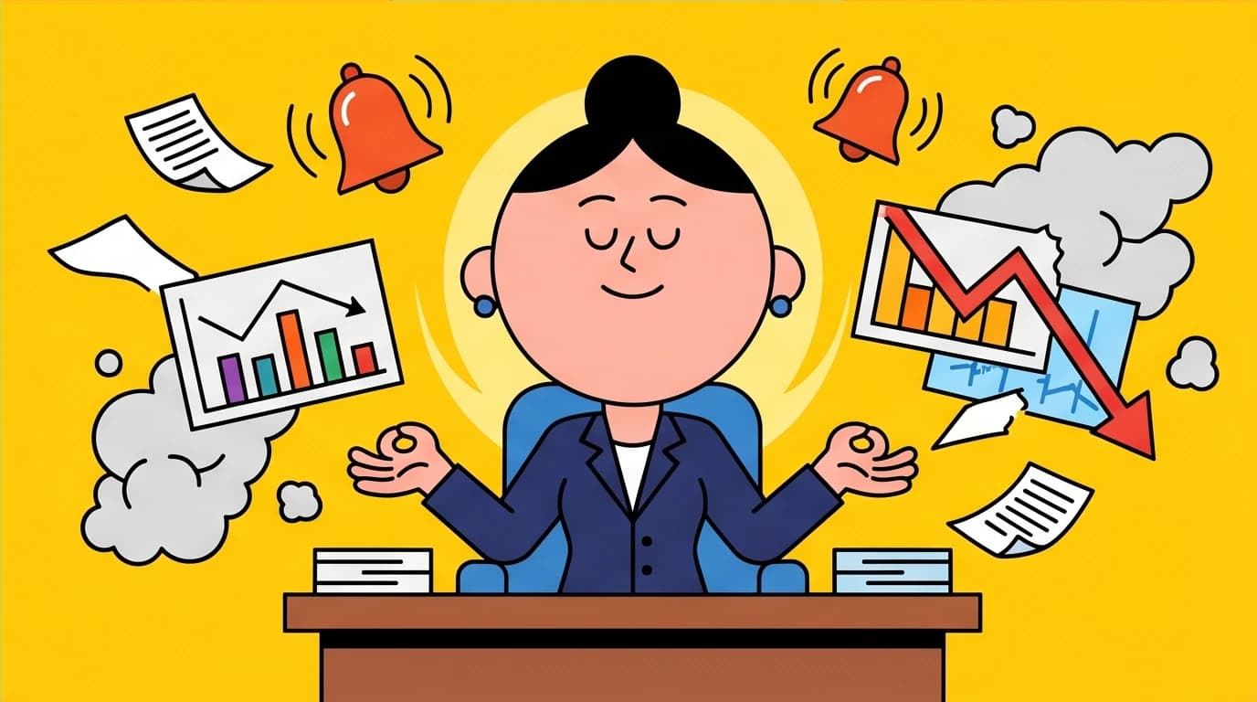 A leader remains calm amidst office chaos, a visual metaphor for maintaining executive presence to build credibility under pressure.