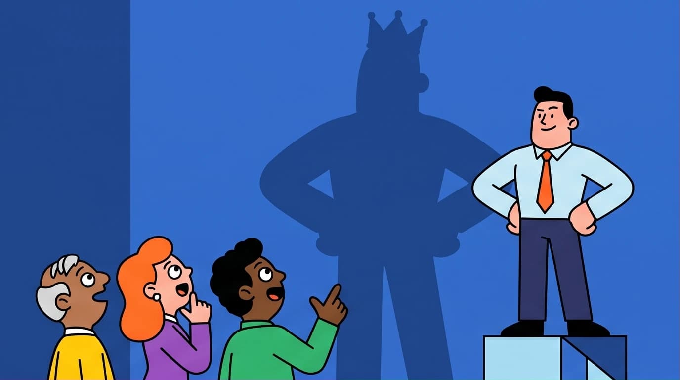 An illustration of a leader whose shadow projects immense influence, symbolizing how to build credibility and command a room.