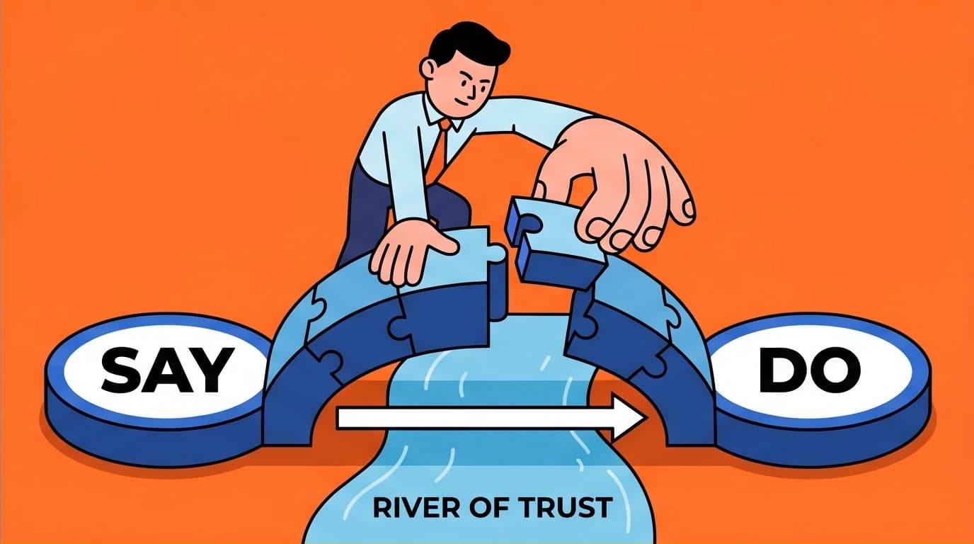 A leader builds a bridge from 'SAY' to 'DO,' an illustration of the say-do ratio for establishing professional trust and leadership credibility.