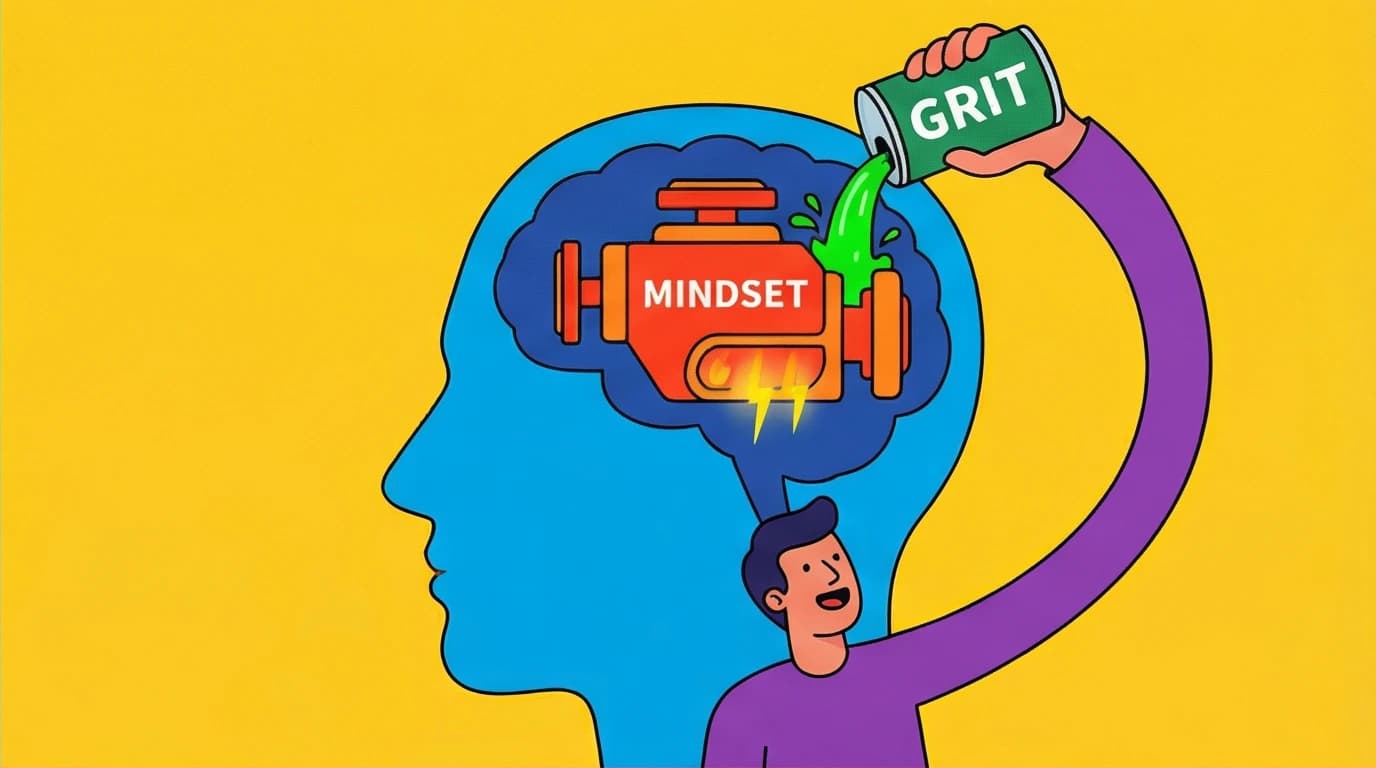 A conceptual illustration showing growth mindset as an engine and grit as fuel, a core difference in how to build grit in kids.