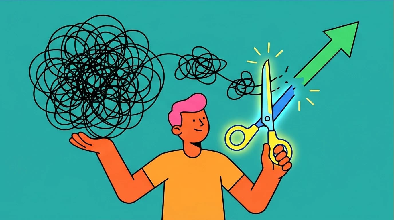 An illustration showing cognitive reframing, where a person cuts a tangled negative thought into a straight arrow of progress.