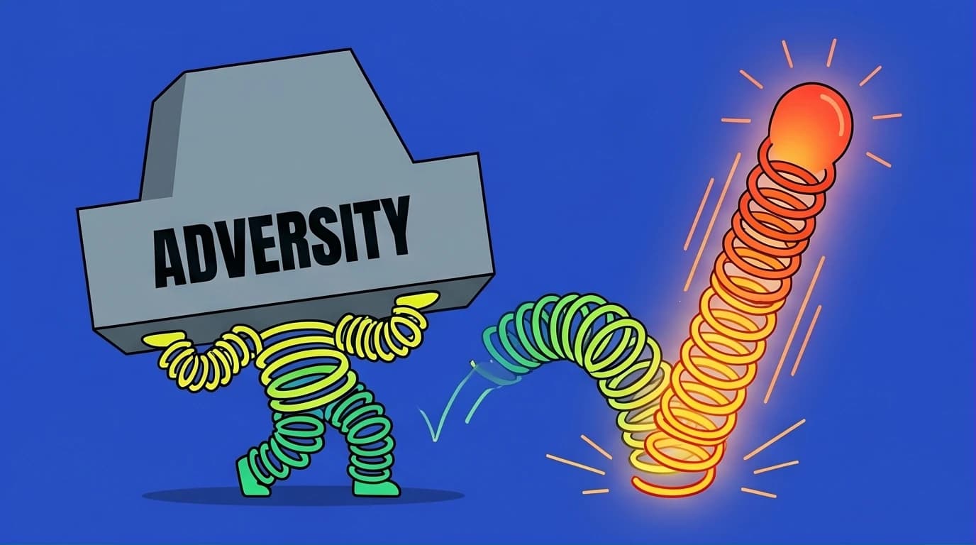 An illustration of a character bouncing back stronger after being pressed down by adversity, symbolizing how to build resilience.