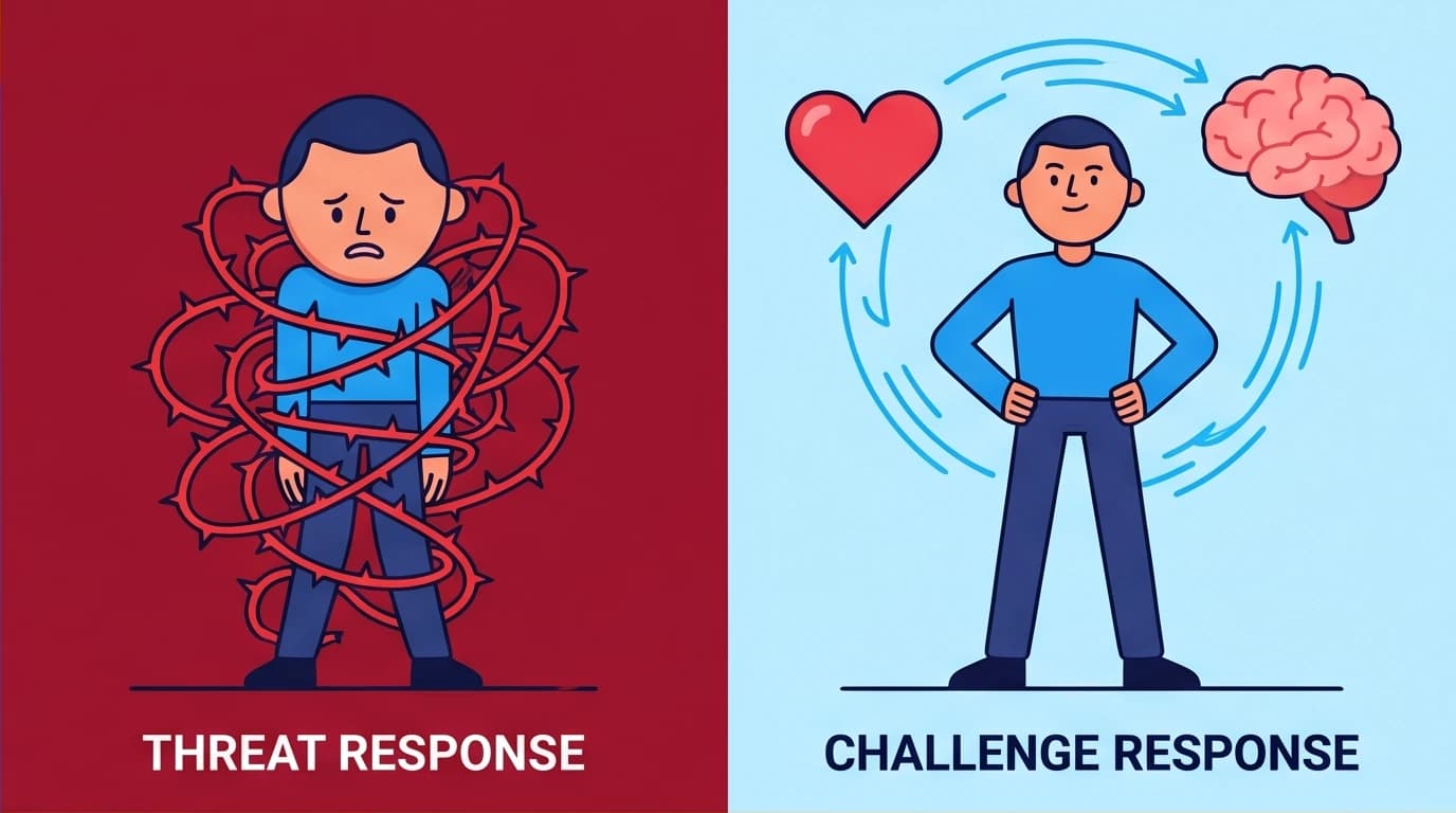 Illustration of the biological difference between a threat response and a challenge response, a key mindset shift for building stress resilience.