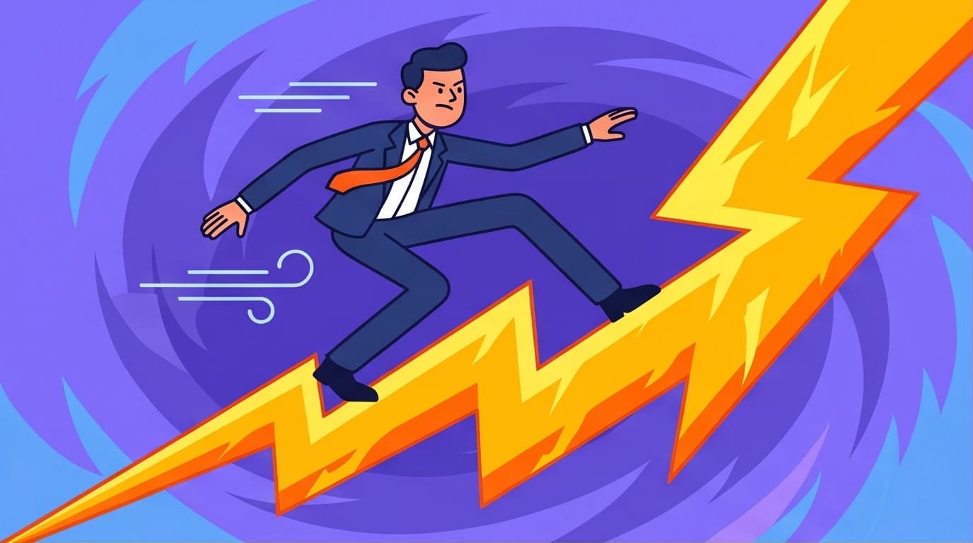 A high-achiever building stress resilience by calmly surfing a giant wave of adversity, illustrating how to weaponize pressure for peak performance.