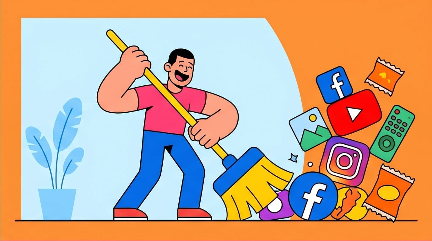 A character using life decluttering to sweep away distractions, a method to create an environment that helps change your situation.