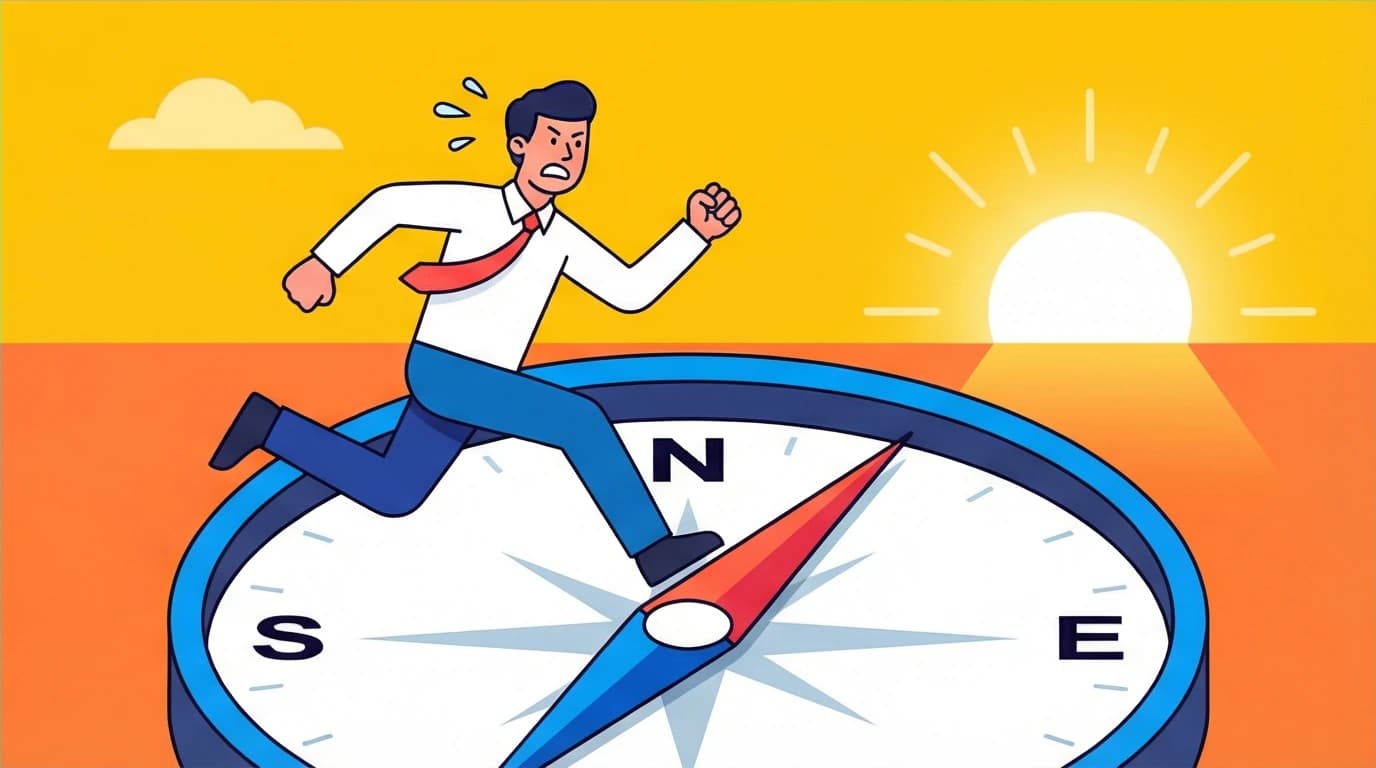 Illustration of the false growth mindset trap: a person running south for a sunrise, showing why strategy is more important than effort.